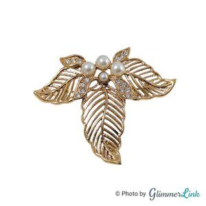 Vintage Filigree Openwork Leaf Trio Faux Pearl Rhinestone Gold Tone Brooch